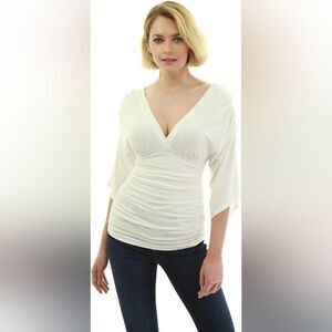 AmélieBoutik Women V Neck 3/4 Batwing Sleeve Empire Waist Ruched Blouse White S